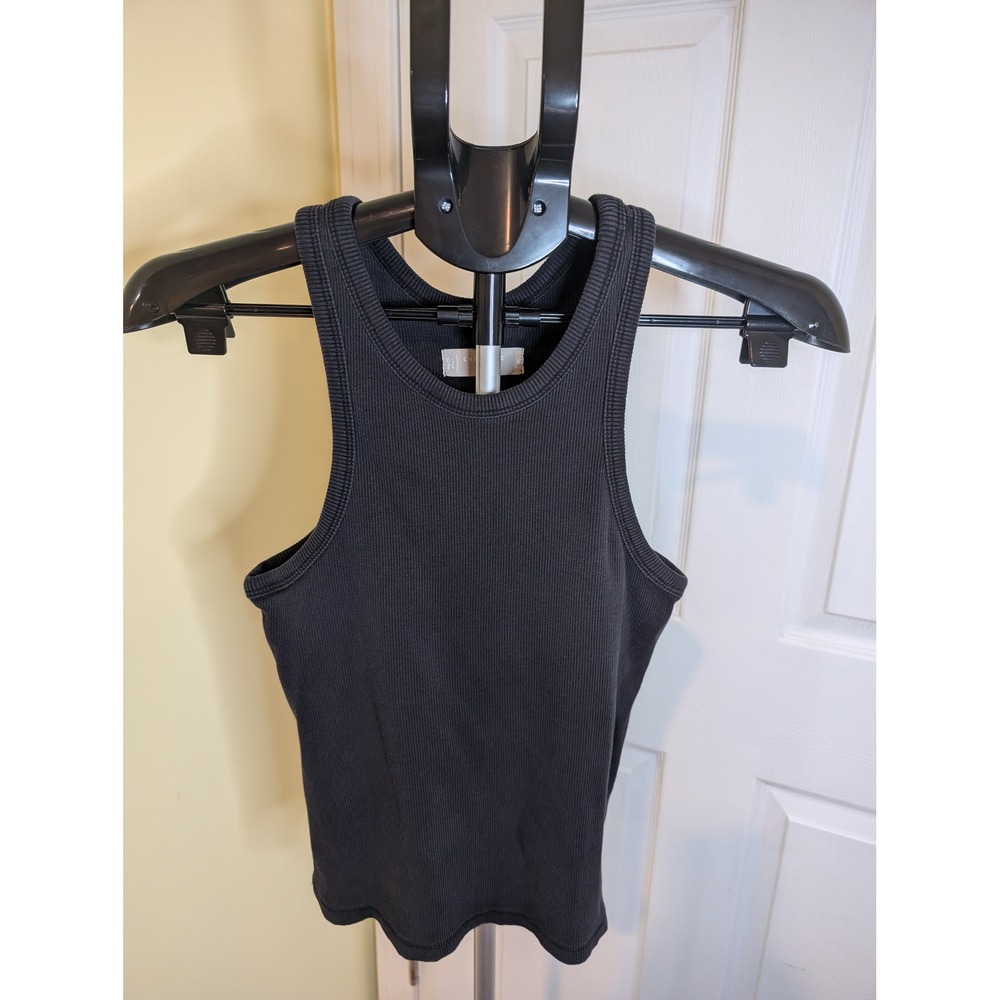 Everlane Cutaway‎ Tank Top Womens Medium Black Ribbed Organic Cotton High Neck